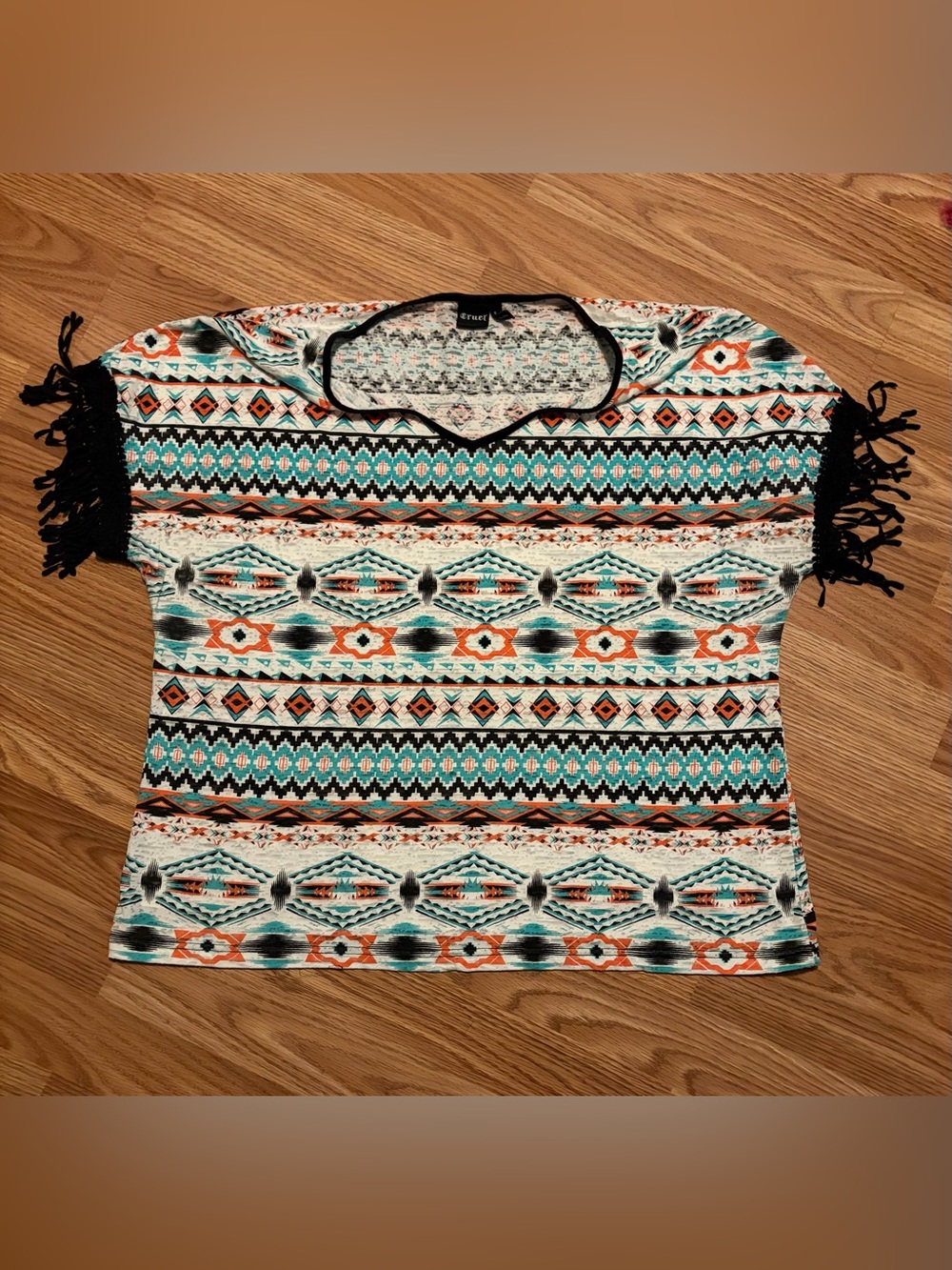 Cruel Denim V-Neck Aztec Fringe Short Sleeve Tee